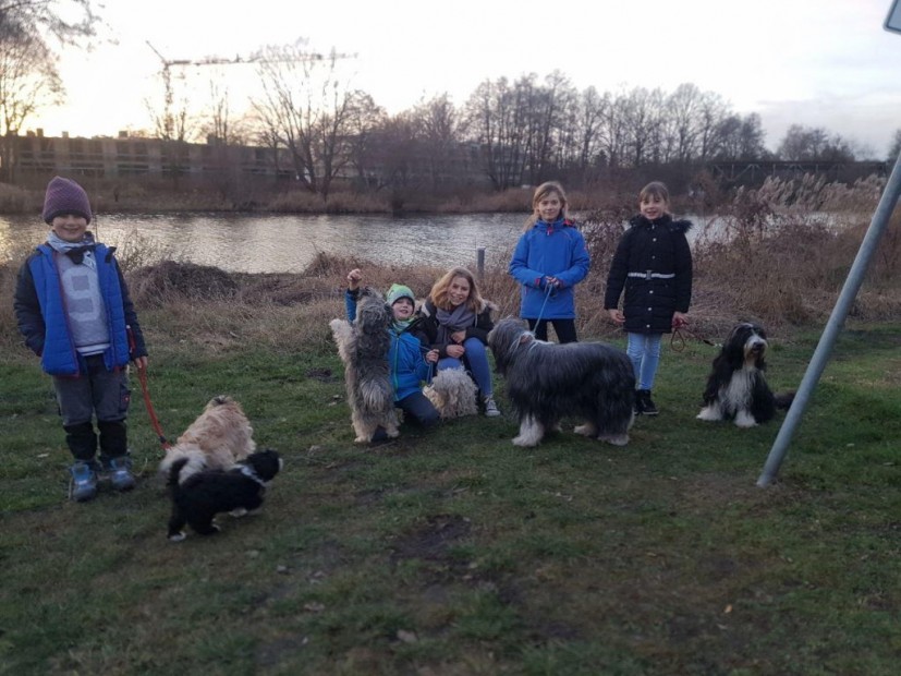 Hundegruppe mit Kindern an der Havel