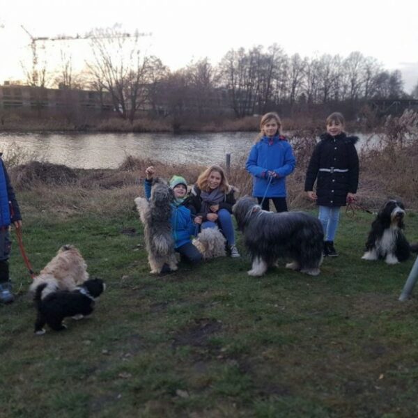 Hundegruppe mit Kindern an der Havel